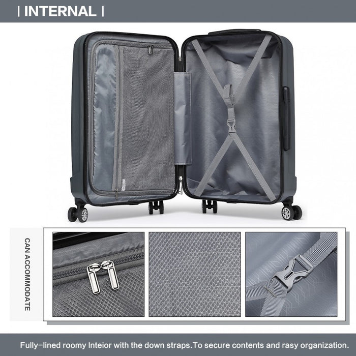 K1773-1L - Kono 19/24/28 Inch 3 Piece Set Striped ABS+PC Hard Shell Luggage with 360-Degree Spinner Wheels - Grey