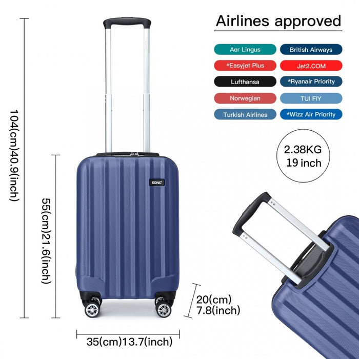 K1773-1L - Kono 19 Inch Cabin Size ABS+PC Hard Shell Luggage with Vertical Stripes - Ideal for Carry-On - Navy