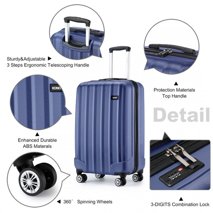 K1773-1L - Kono 19 Inch Cabin Size ABS+PC Hard Shell Luggage with Vertical Stripes - Ideal for Carry-On - Navy