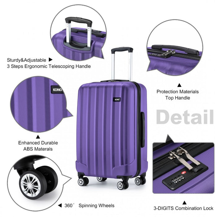 K1773-1L - Kono 28 Inch Striped ABS+PC Hard Shell Luggage with 360-Degree Spinner Wheels - Purple
