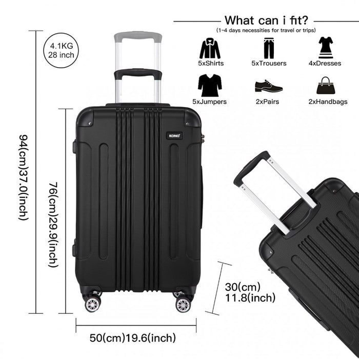 K1777-1L - Kono 28 Inch ABS Lightweight Compact Hard Shell Travel Luggage For Extended Journeys - Black