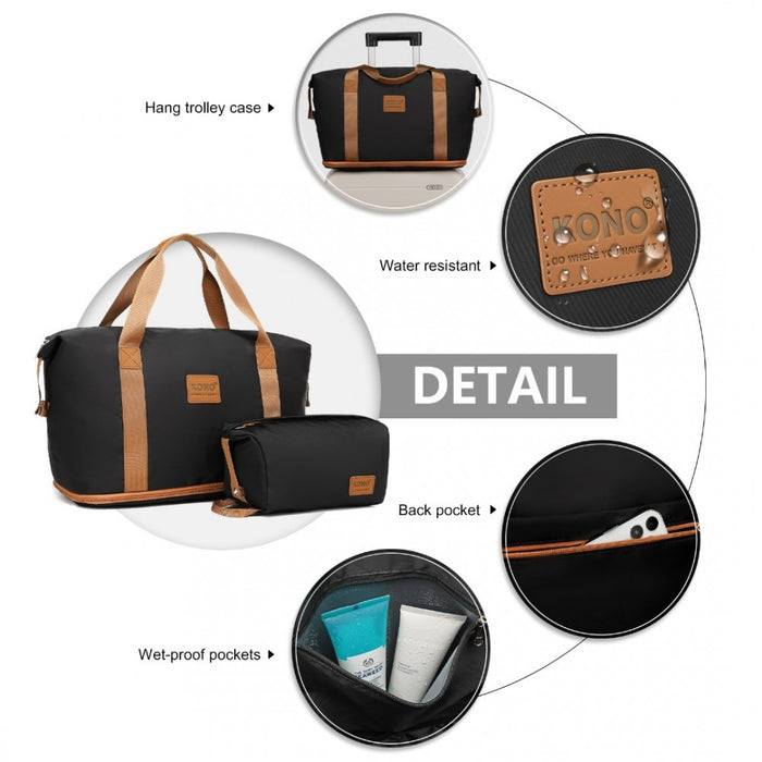 K1871-1L+EA2212 - Kono 6 Piece ABS Suitcase Set With 4 Wheel Design Including Vanity Case Weekend Bag And Toiletry Bag - Black And Brown