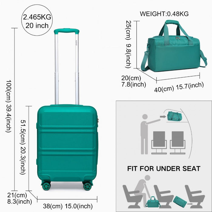 K1871-1L+EA2321 - Kono ABS 20 Inch Sculpted Horizontal Design 2 Piece Suitcase Set With Cabin Bag - Teal