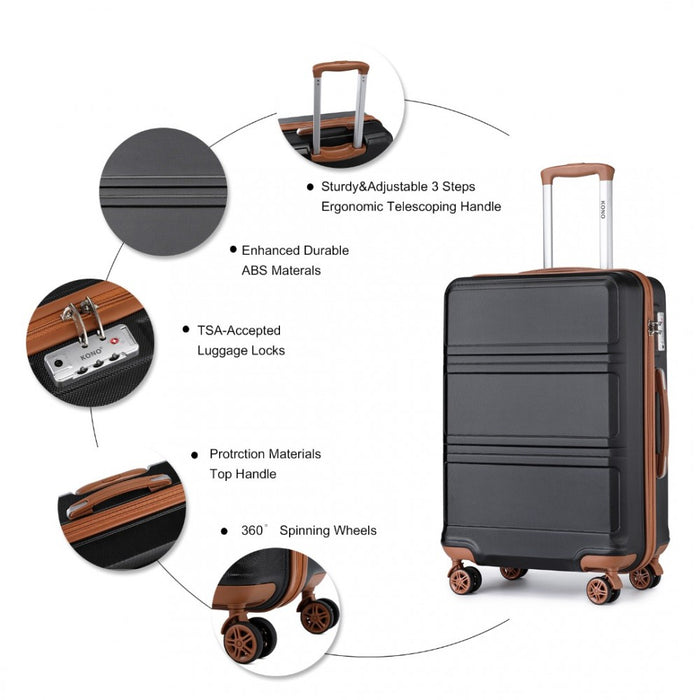 K1871-1L - Kono ABS Sculpted Horizontal Design 4 Pcs Suitcase Set With Vanity Case - Black And Brown