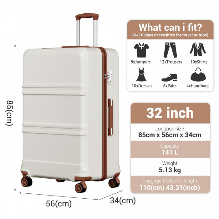 K1871-1L - Kono ABS+PC 32 Inch Extra-Large Suitcase, Sculpted Horizontal Design, Hard-Shell Wheeled Luggage with Telescopic Handle - Cream