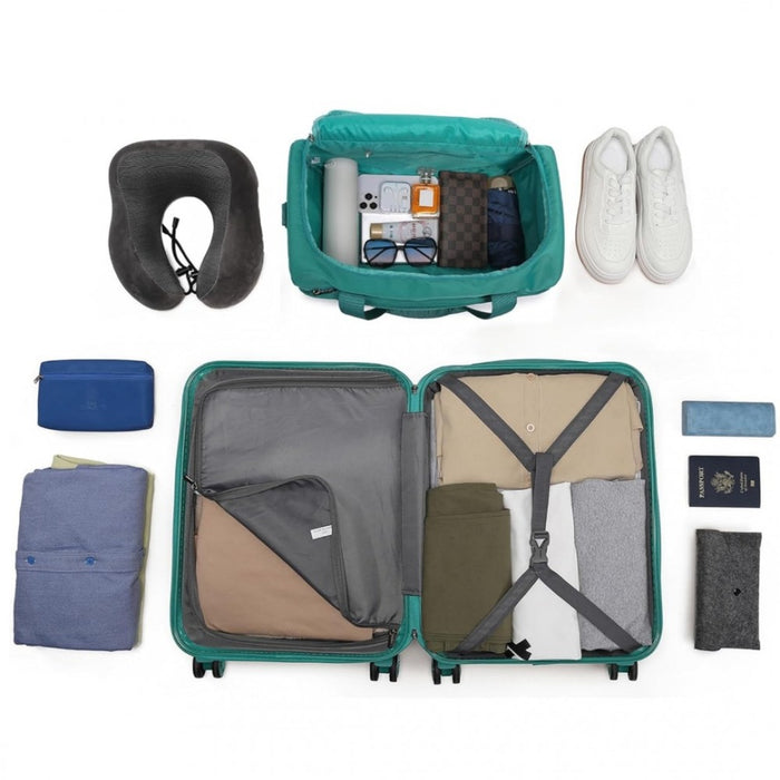 K1871-1L+EA2321 - Kono ABS 20 Inch Sculpted Horizontal Design 2 Piece Suitcase Set With Cabin Bag - Teal
