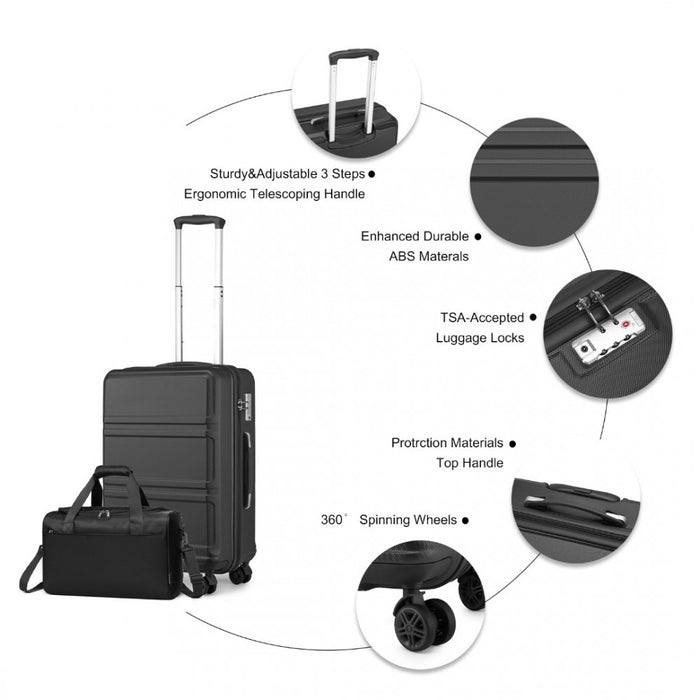 K1871-1L+EA2321 - Kono ABS 20 Inch Sculpted Horizontal Design 2 Piece Suitcase Set With Cabin Bag - Black
