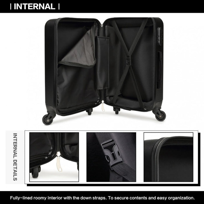 K1872L - Kono 19-24-28 Inch ABS Hard Shell Luggage 4 Wheel Spinner Suitcase Set - Black