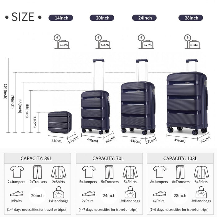 K2092L - Kono Bright Hard Shell PP Suitcase With TSA Lock And Vanity Case 4 Pieces Set - Classic Collection - Navy