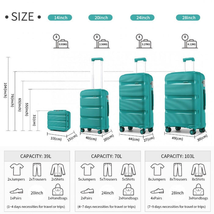 K2092L - Kono Bright Hard Shell PP Suitcase With TSA Lock And Vanity Case 4 Pieces Set - Classic Collection - Blue