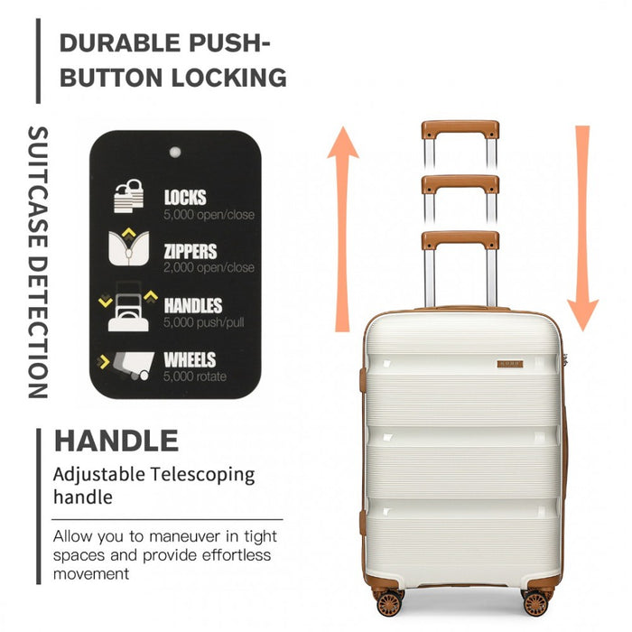 K2092L - Kono 20 Inch Bright Hard Shell PP Carry-On Suitcase In Cabin Size - Cream