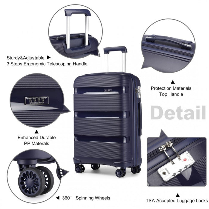 K2092L - Kono 20 Inch Bright Hard Shell PP Carry-On Suitcase In Cabin Size - Navy