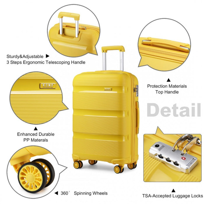 K2092L - Kono 20 Inch Bright Hard Shell PP Carry-On Suitcase In Cabin Size - Yellow