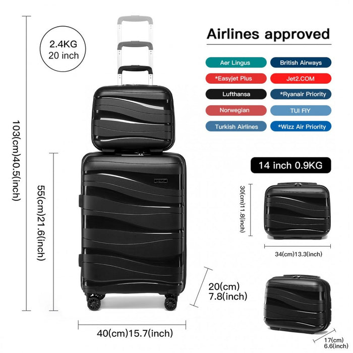 K2094L - Kono 14/20 Inch Lightweight Polypropylene Hard Shell 2 Piece Suitcase Set With TSA Lock And Vanity Case - Black