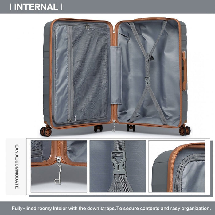 K2094L - Kono Lightweight Polypropylene Hard Shell 4 Piece Suitcase Set With TSA Lock And Vanity Case - Grey And Brown