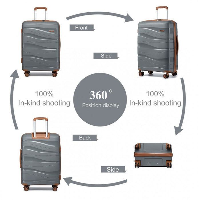K2094L - Kono Lightweight Polypropylene Hard Shell 4 Piece Suitcase Set With TSA Lock And Vanity Case - Grey And Brown