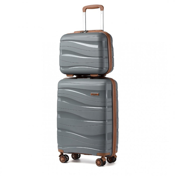 K2094L - Kono 14/20 Inch Lightweight Polypropylene Hard Shell 2 Piece Suitcase Set With TSA Lock And Vanity Case - Grey And Brown