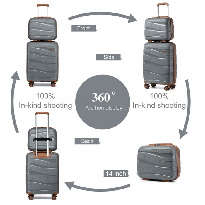 K2094L - Kono 14/20 Inch Lightweight Polypropylene Hard Shell 2 Piece Suitcase Set With TSA Lock And Vanity Case - Grey And Brown