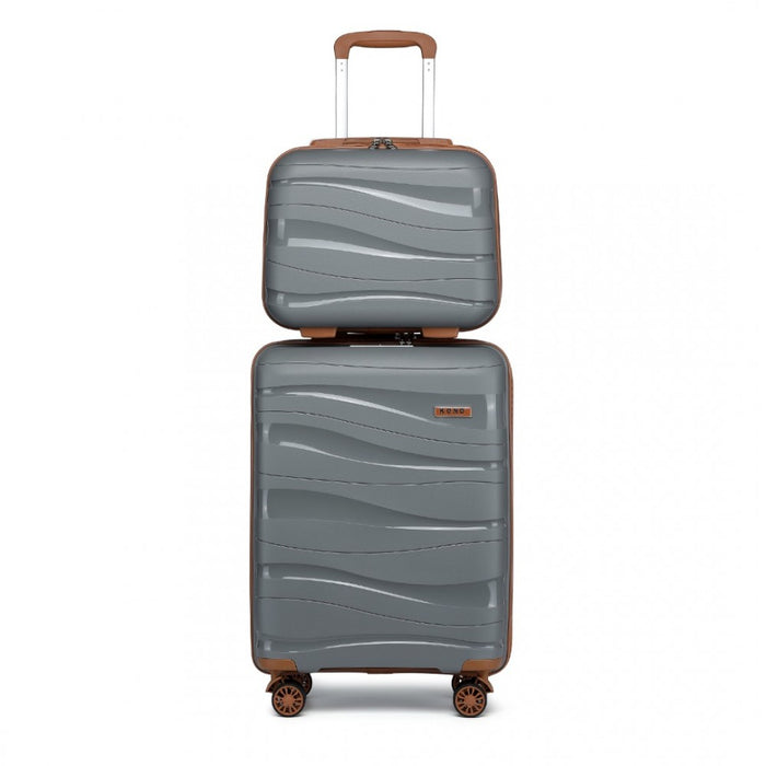 K2094L - Kono 14/20 Inch Lightweight Polypropylene Hard Shell 2 Piece Suitcase Set With TSA Lock And Vanity Case - Grey And Brown