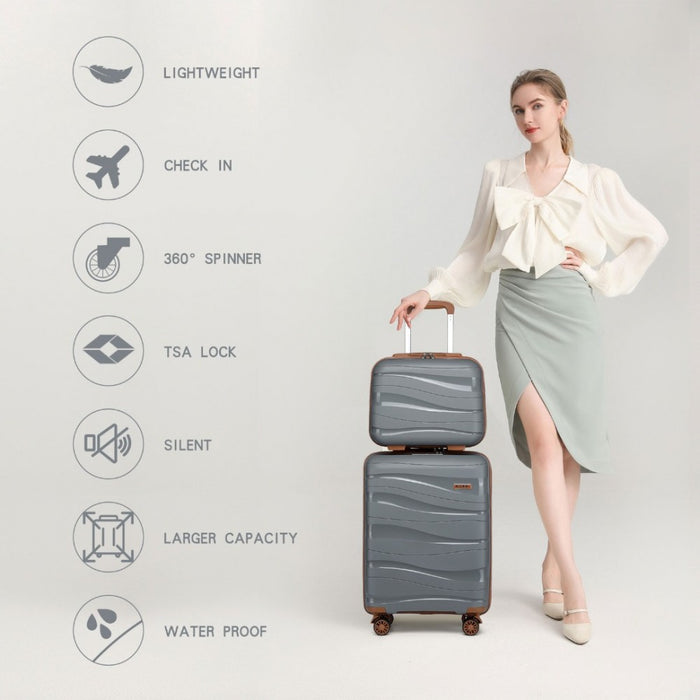 K2094L - Kono 14/20 Inch Lightweight Polypropylene Hard Shell 2 Piece Suitcase Set With TSA Lock And Vanity Case - Grey And Brown