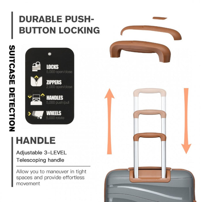 K2094L - Kono 28 Inch Lightweight Polypropylene Hard Shell Suitcase With TSA Lock - Grey And Brown