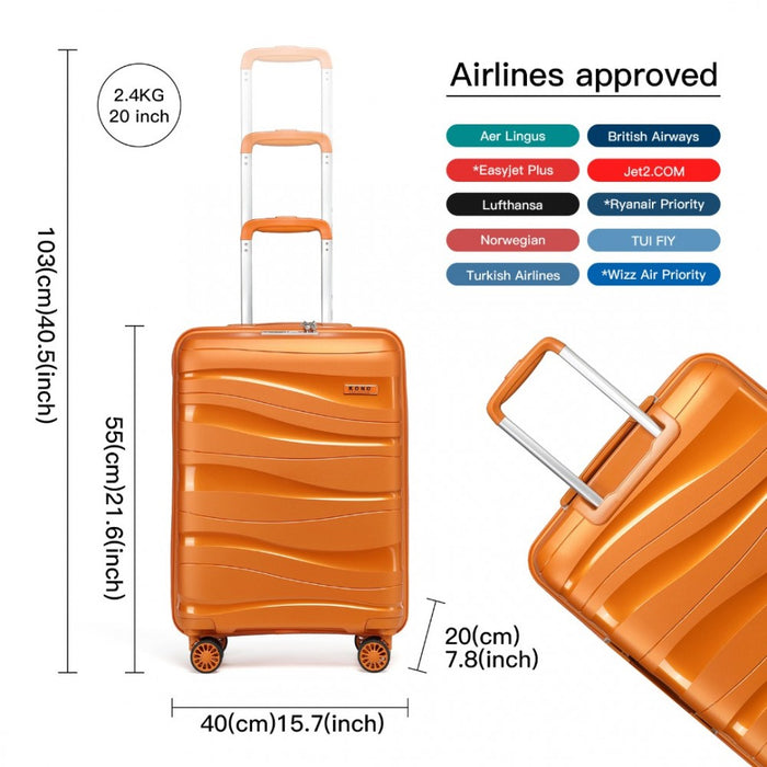 K2094L - Kono 20 Inch Lightweight Polypropylene Hard Shell Suitcase With TSA Lock - Orange