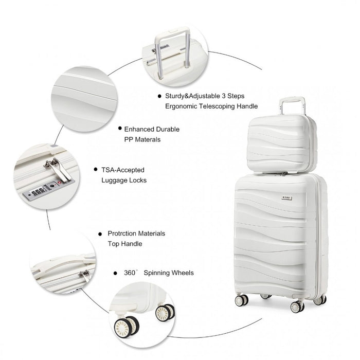 K2094L - Kono 14/20 Inch Lightweight Polypropylene Hard Shell 2 Piece Suitcase Set With TSA Lock And Vanity Case - Cream White