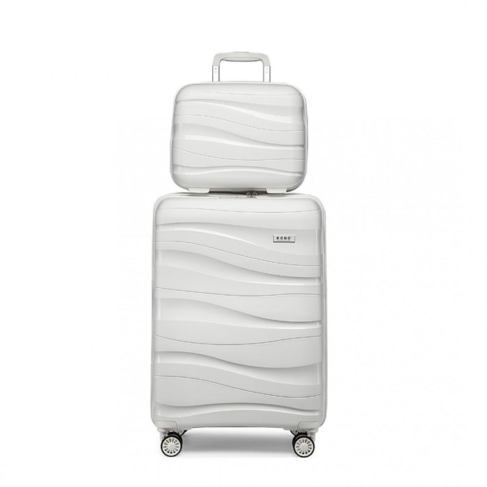 K2094L - Kono 14/20 Inch Lightweight Polypropylene Hard Shell 2 Piece Suitcase Set With TSA Lock And Vanity Case - Cream White