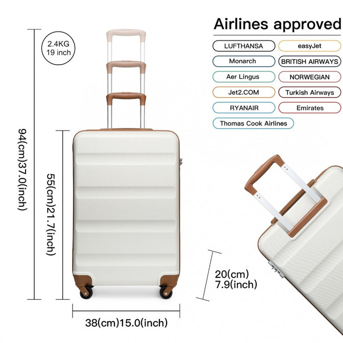 K2191L - Kono 19 Inch Cabin Size Carry On Suitcase - Streamlined Lightweight ABS Hardshell with Secure TSA Lock - Cream