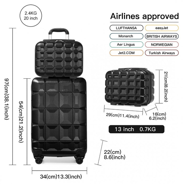 K2292L - Kono 13/20 Inch Lightweight Hard Shell ABS Cabin Suitcase With TSA Lock And Vanity Case - Black