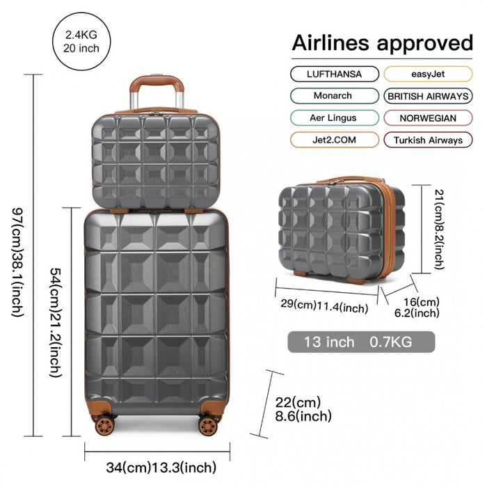 K2292L - Kono 13/20 Inch Lightweight Hard Shell ABS Cabin Suitcase With TSA Lock And Vanity Case - Grey