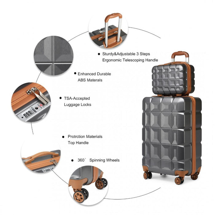 K2292L - Kono 13/20 Inch Lightweight Hard Shell ABS Cabin Suitcase With TSA Lock And Vanity Case - Grey