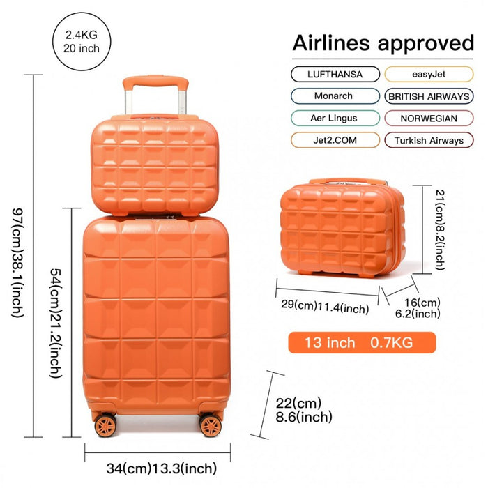 K2292L - Kono 13/20 Inch Lightweight Hard Shell ABS Cabin Suitcase With TSA Lock And Vanity Case - Orange