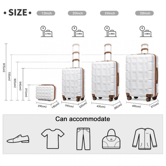 K2292L - Kono Lightweight Hard Shell ABS Suitcase With TSA Lock And Vanity Case 4 Piece Set - White