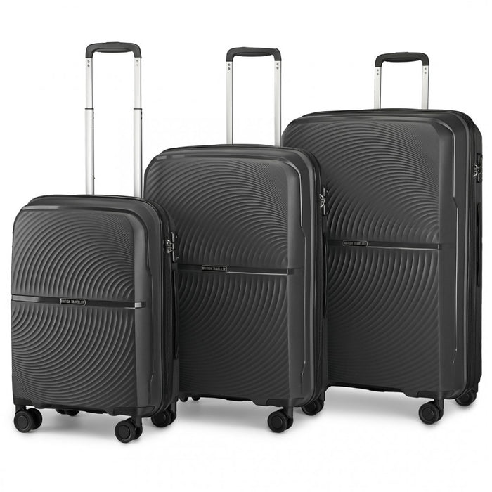 K2393L - British Traveller 3 Pcs Set Spinner Hard Shell PP Suitcase With TSA Lock - Black