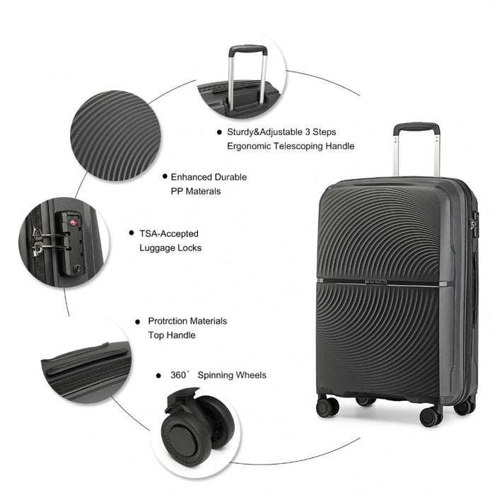 K2393L - British Traveller 4 Pcs Set Spinner Hard Shell PP Suitcase With TSA Lock And Vanity Case - Black