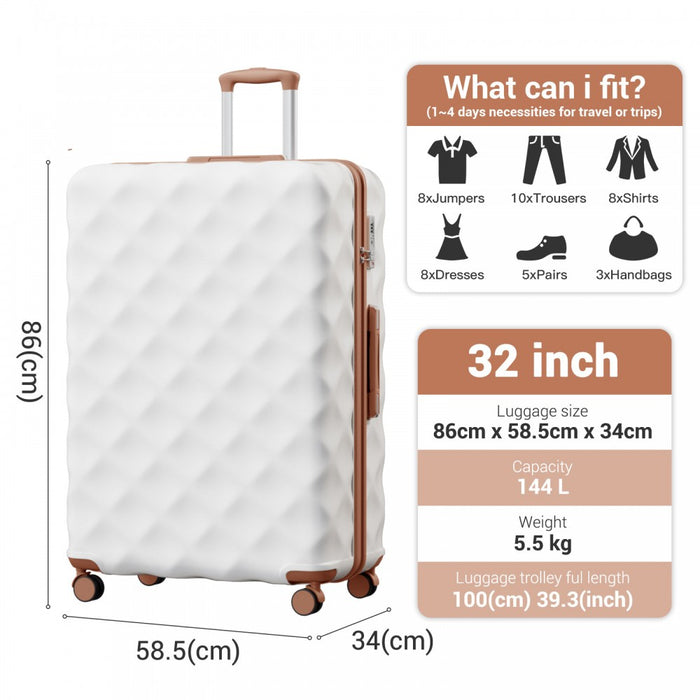 K2395L - British Traveller 32 Inch Extra-Large Diamond Texture ABS+PC Hard-Shell Spinner Suitcase with Telescopic Handle - Cream