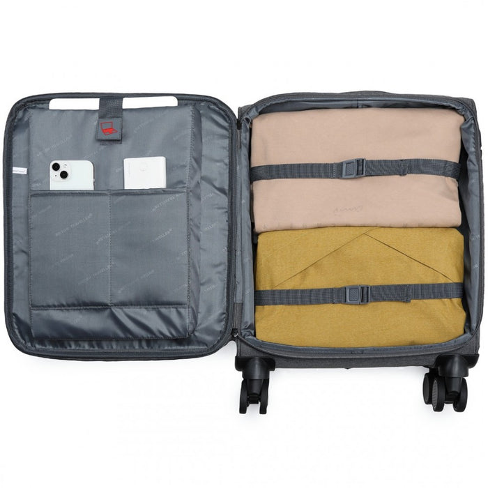 K2397L - British Traveller 20 Inch Lightweight Cabin Carry-On Suitcase with Soft Shell and Laptop Compartment - Grey