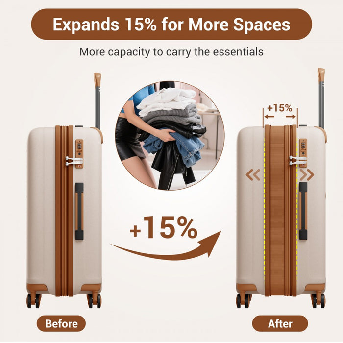 KSK2594 - Kono PP 28-inch Hard Shell Expandable Luggage–Lightweight Suitcase with TSA Lock & Built-in Cup Holder - Beige and Brown