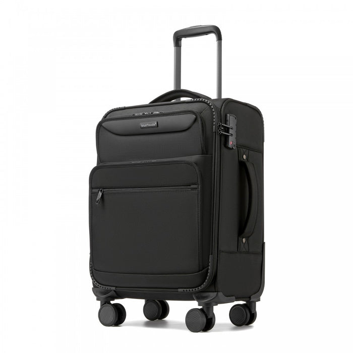 KSB2582 - British Traveller 20-Inch Durable Softshell Suitcase with Front Laptop Compartment, TSA Lock & Silent Spinner Wheels - Black