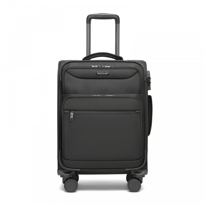 KSB2582 - British Traveller 20-Inch Durable Softshell Suitcase with Front Laptop Compartment, TSA Lock & Silent Spinner Wheels - Black