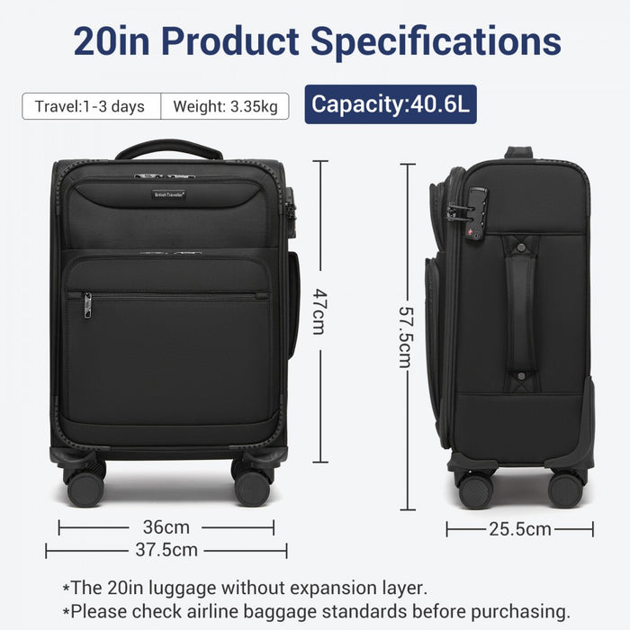 KSB2582 - British Traveller 20-Inch Durable Softshell Suitcase with Front Laptop Compartment, TSA Lock & Silent Spinner Wheels - Black