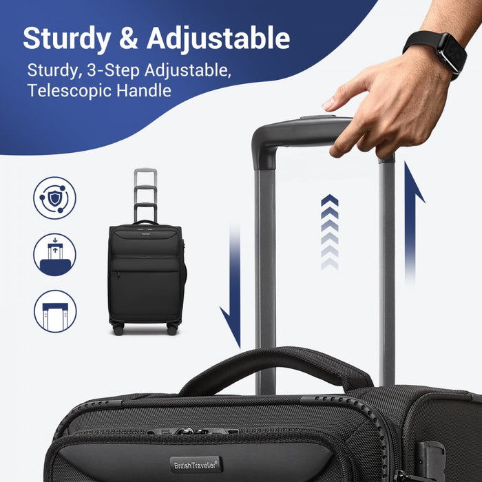 KSB2582 - British Traveller 20-Inch Durable Softshell Suitcase with Front Laptop Compartment, TSA Lock & Silent Spinner Wheels - Black
