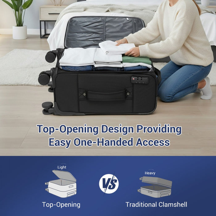 KSB2582 - British Traveller 20-Inch Durable Softshell Suitcase with Front Laptop Compartment, TSA Lock & Silent Spinner Wheels - Black