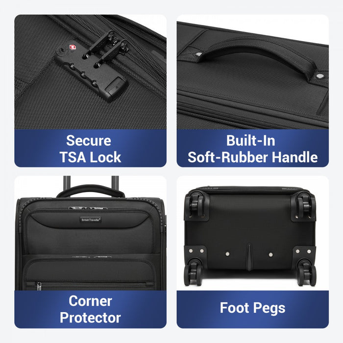 KSB2582 - British Traveller 28-Inch Large Expandable Softshell Suitcase with TSA Lock, Silent Spinner Wheels & Laptop Compartment - Black