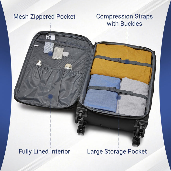 KSB2582 - British Traveller 24-Inch Expandable Softshell Suitcase with TSA Lock, Silent Spinner Wheels & Laptop Compartment - Black