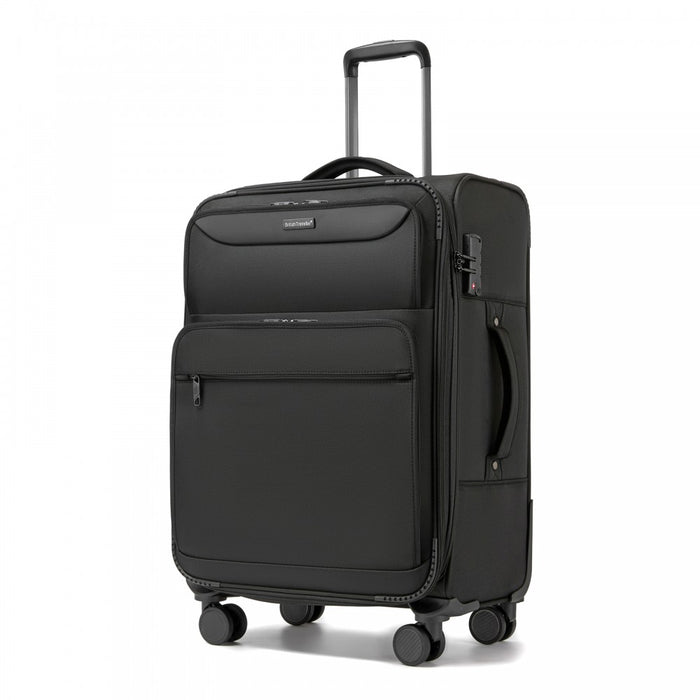 KSB2582 - British Traveller 24-Inch Expandable Softshell Suitcase with TSA Lock, Silent Spinner Wheels & Laptop Compartment - Black