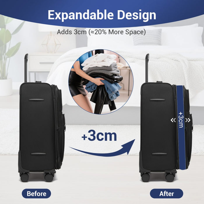 KSB2582 - British Traveller 28-Inch Large Expandable Softshell Suitcase with TSA Lock, Silent Spinner Wheels & Laptop Compartment - Black