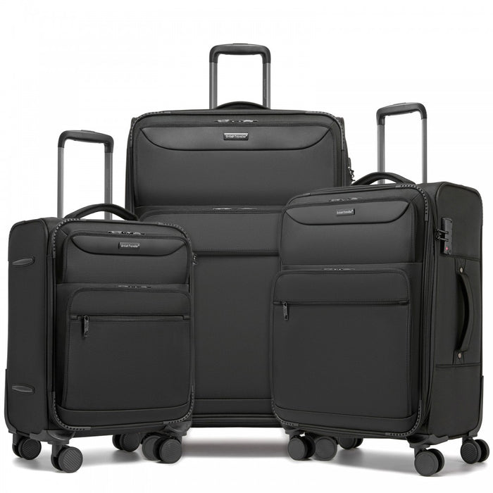 KSB2582 - British Traveller Durable Softshell Suitcase 3-Piece Luggage Set (20/24/28 Inch) with Laptop Compartment - Black