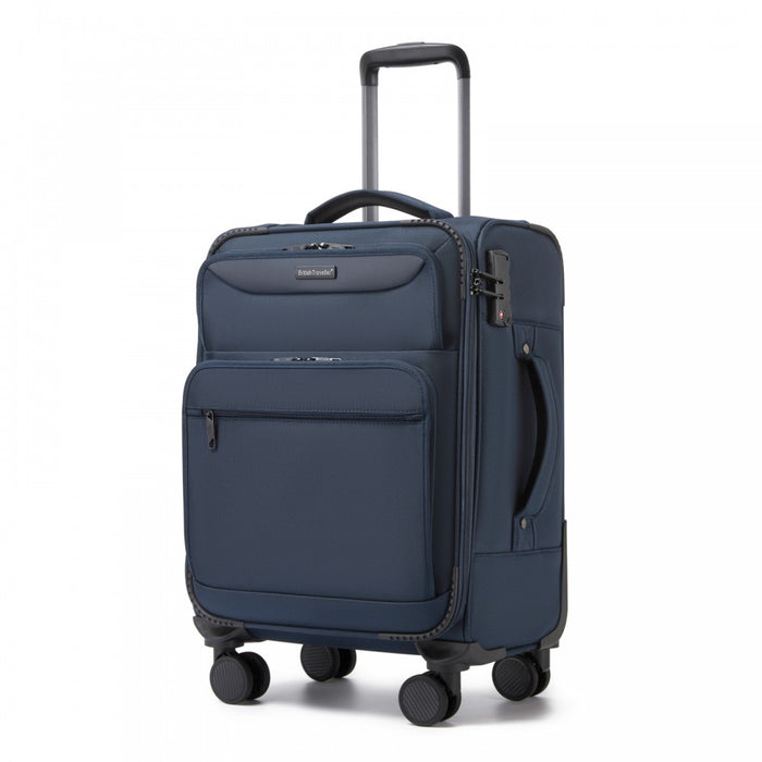 KSB2582 - British Traveller 20-Inch Durable Softshell Suitcase with Front Laptop Compartment, TSA Lock & Silent Spinner Wheels - Navy